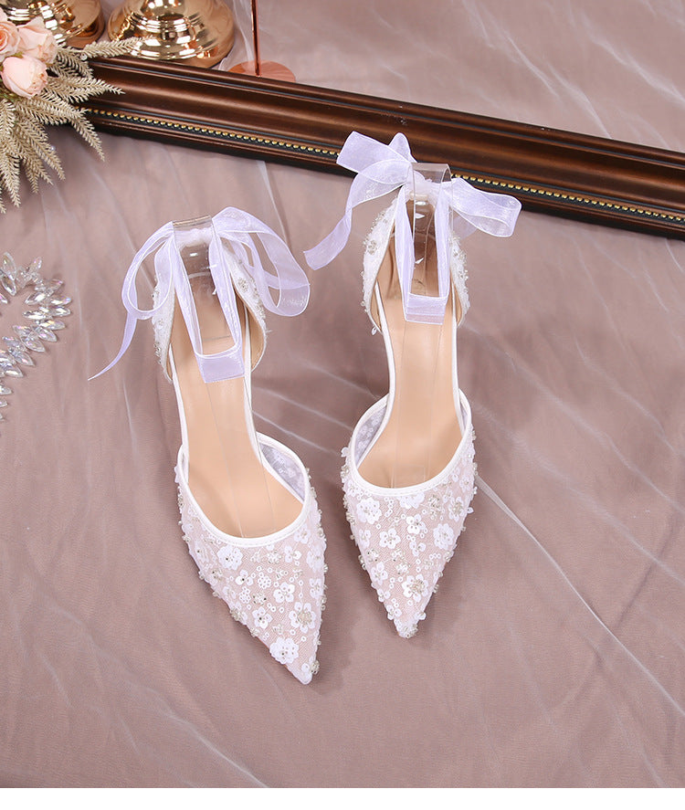 Style Sequin Hollowed White Lace Strap Stiletto High Heeled Sandals