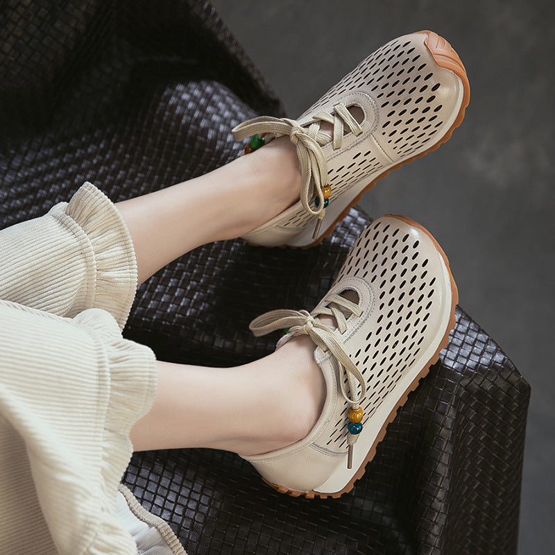 Women's Laser Punching Breathable Pumps First Layer Cowhide Artistic Women's Casual Shoes