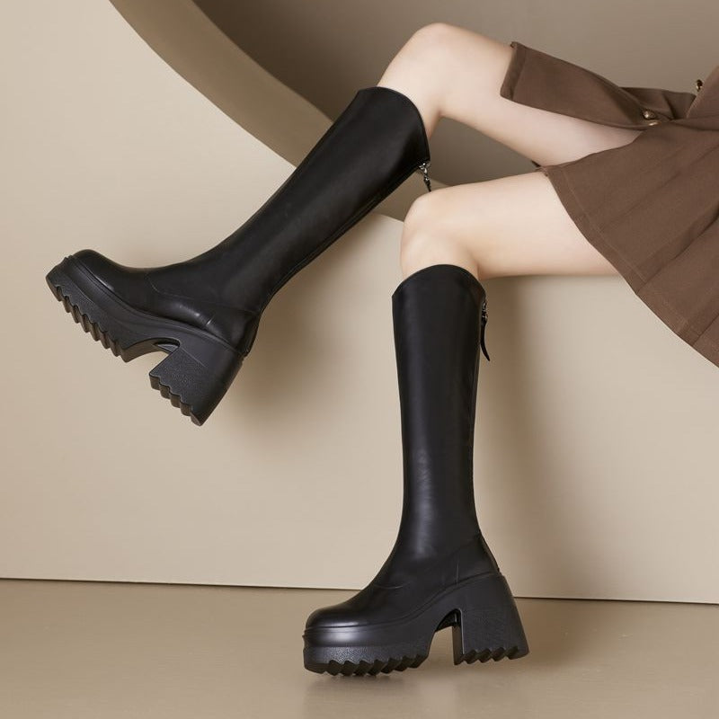 Women's Elevator Below The Knee Spring High Riding Thick Bottom Women's Leather Boots