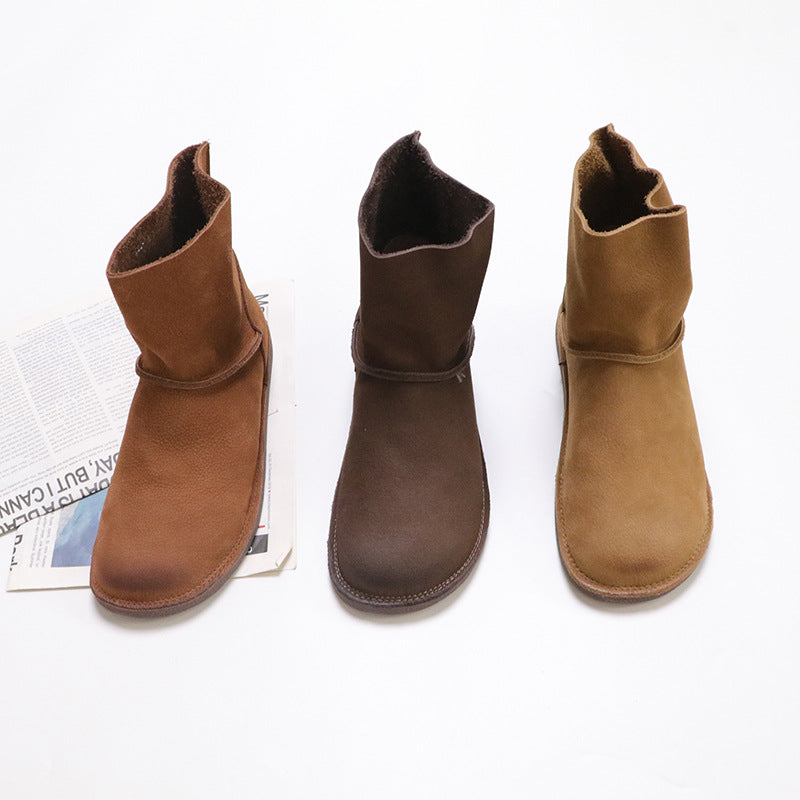 Autumn Solid Color Round Toe Top Layer Cowhide Slip-on Flat Boots