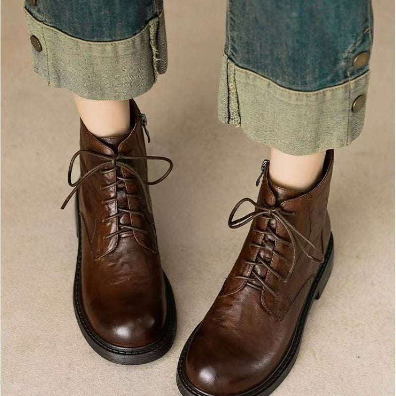 Women's Lace Up Martin For Mid British Style Round Toe Women's Leather Boots