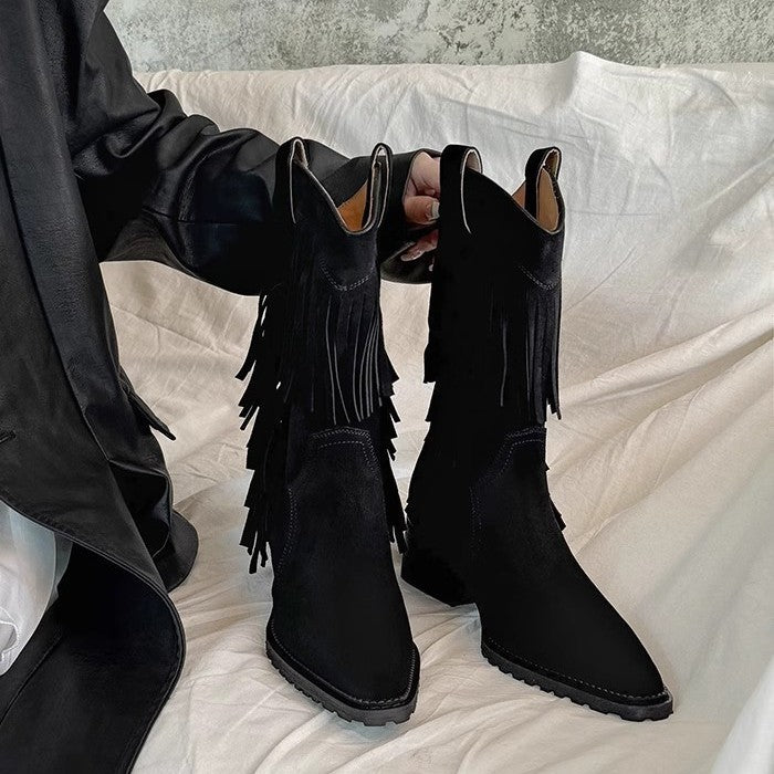 Knee-high Thick Western Cowboy Short Plus Women's Leather Boots