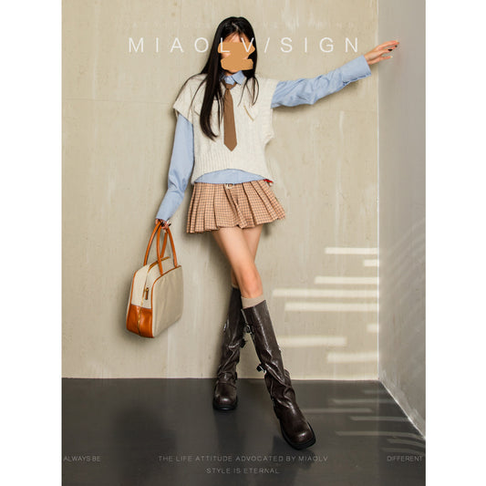 Women's Widened Fattened Thick Bottom Pants Autumn Design Smoke Pipe Pleated Women's Leather Boots