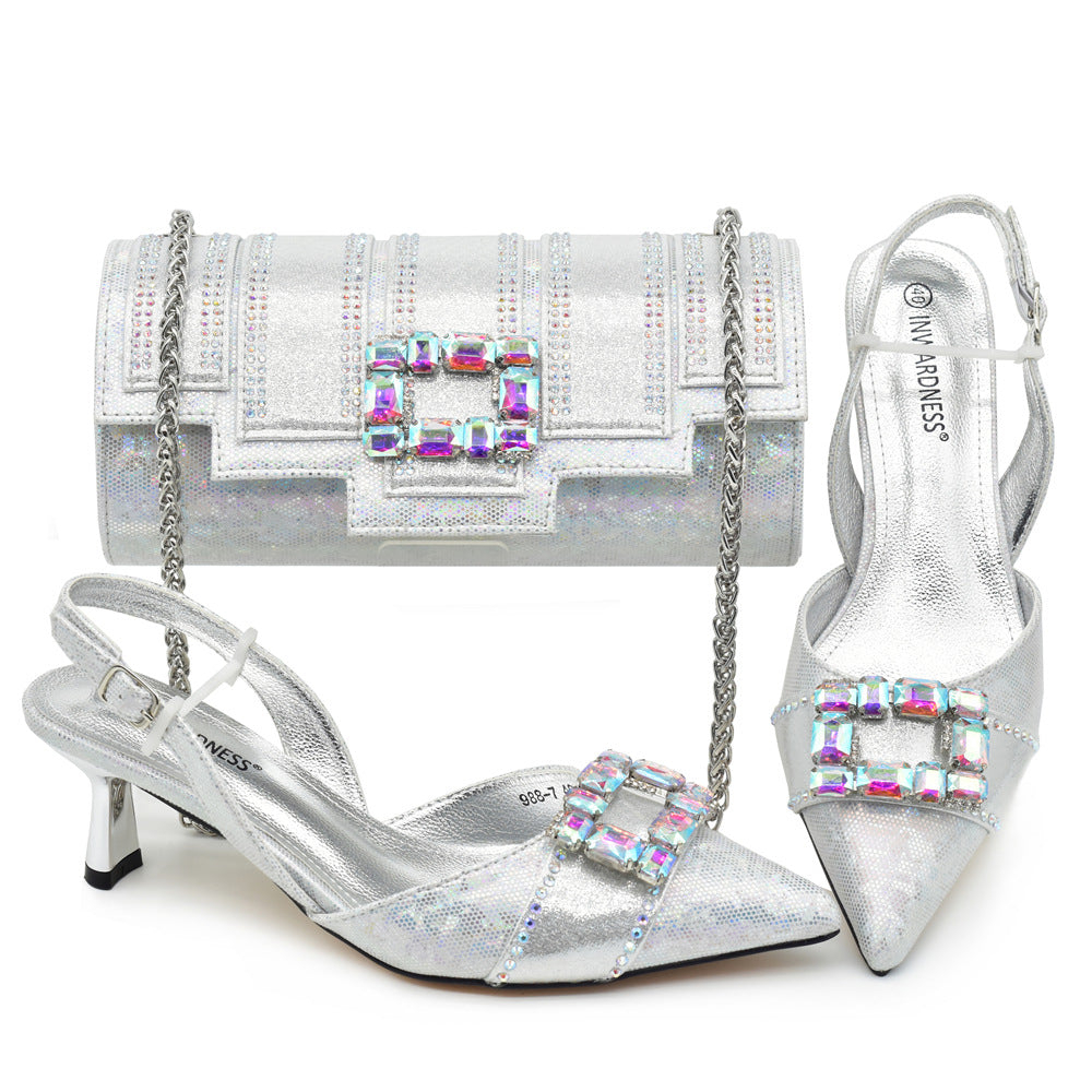 Diamond Pointed Toe Thick With Dinner Bag Set Italian Women's Fashion Shoes