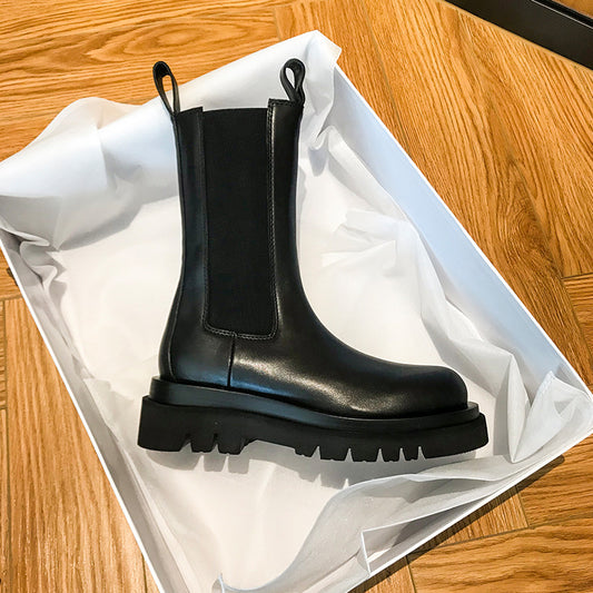 Women's Middle Platform Martin Smoke Pipe British Style Women's Leather Boots