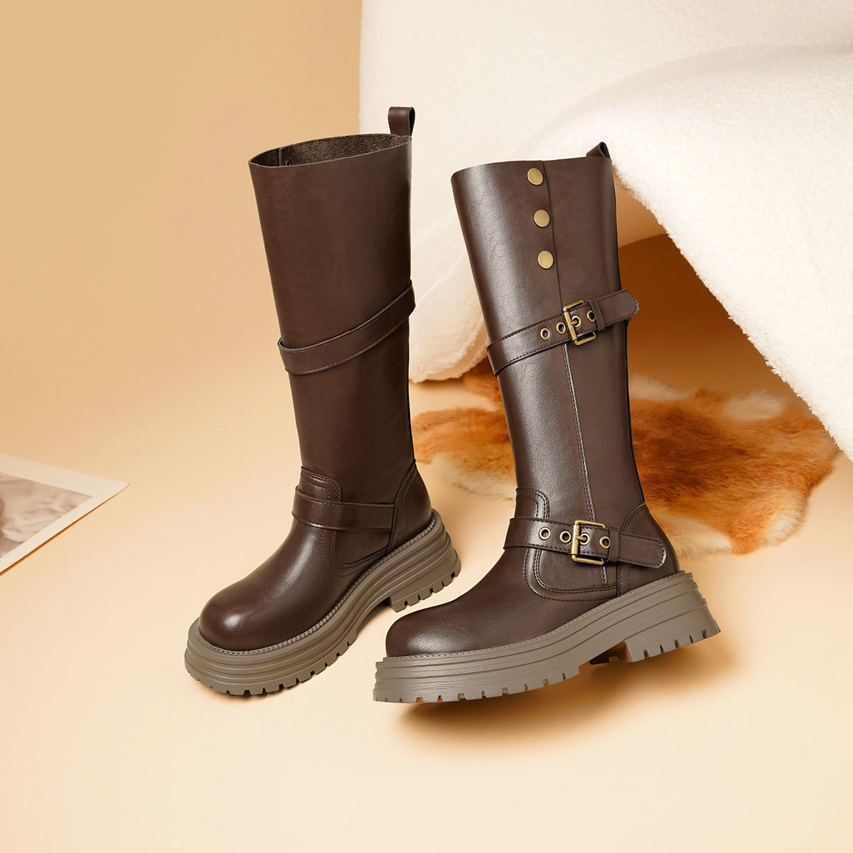 Women's Slimming Small Thick Bottom Increased Below The Knee High Women's Leather Boots