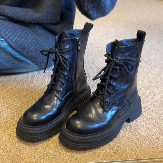 Women's Version Platform Martin Elevator Ankle Small Black Women's Leather Boots