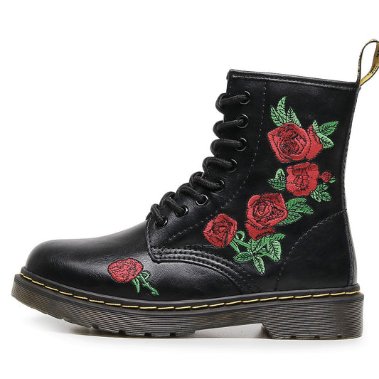 Women's Martin Embroidered Rose British Genuine Retro Women's Leather Boots