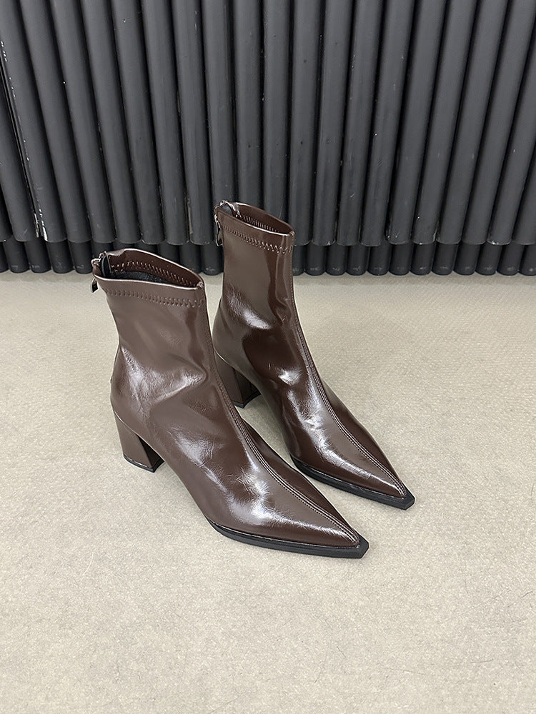 Black High Short Female British Style Women's Leather Boots