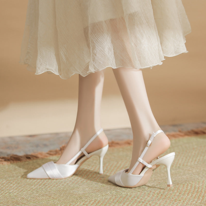 Women's Stilettos Pointed French Style Temperament Satin Buckle Simple Heels