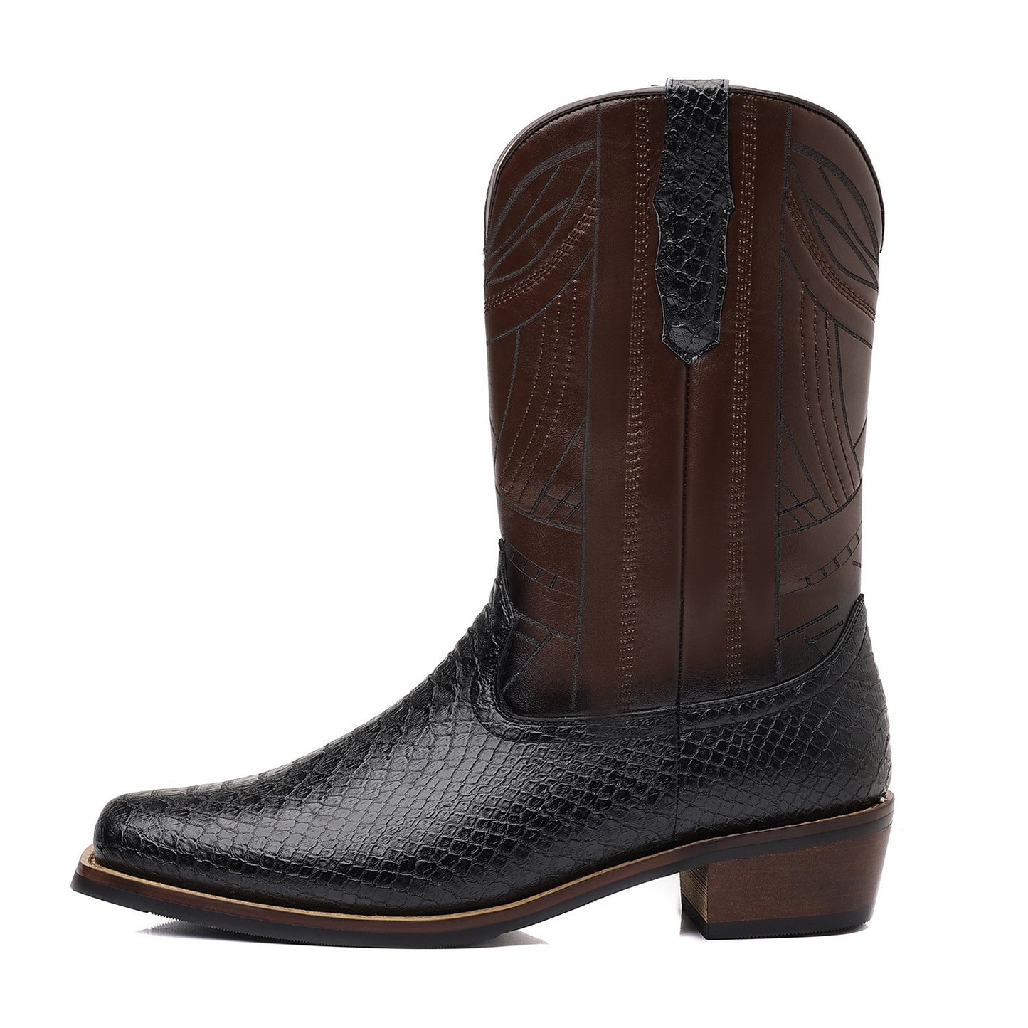Men's Retro Ankle Cowboy Wooden High Knee-high Men's Leather Boots