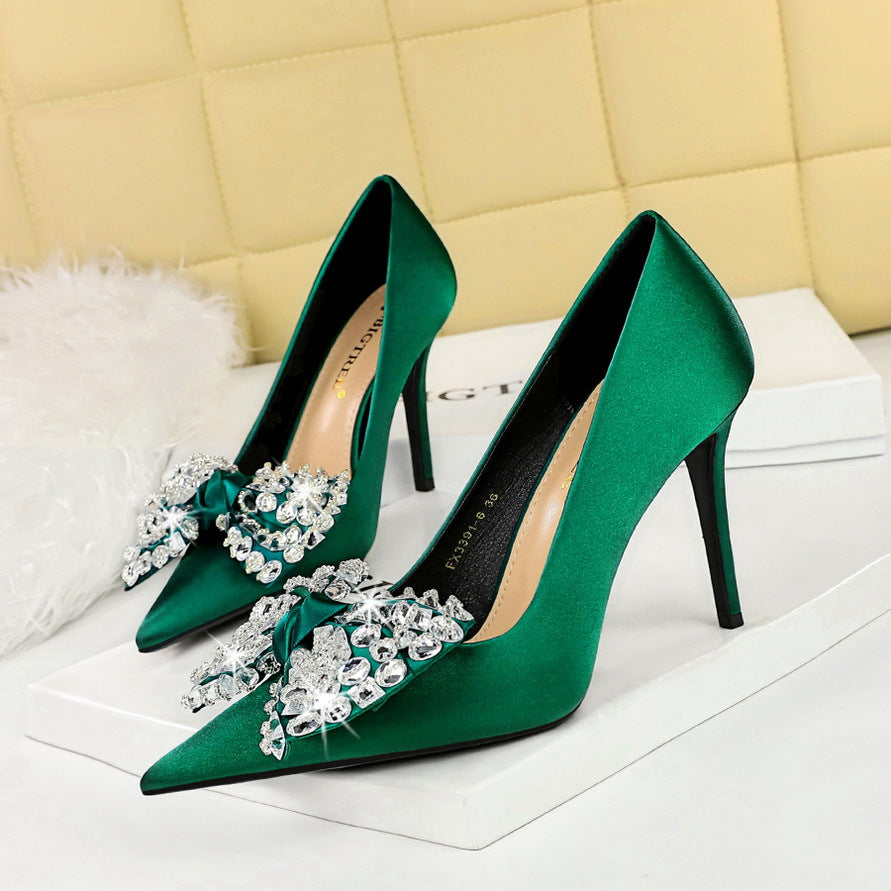 Women's Satin Shallow Mouth Pointed Toe Rhinestone Bow Women's Fashion Shoes