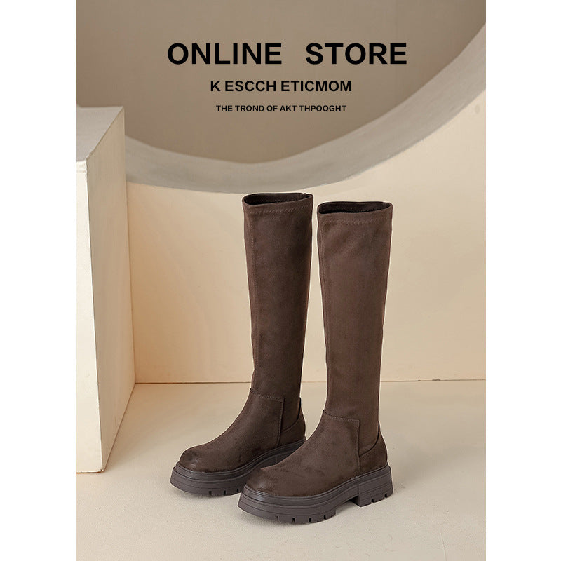 Suede Stretch Skinny Below The Knee Long Women's Leather Boots