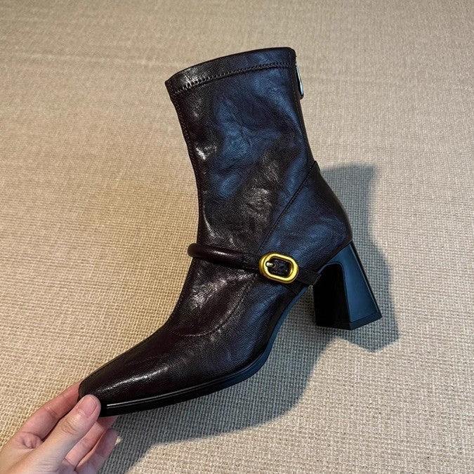 Back Zipper High Square Toe Vintage Fashion Female French Women's Leather Boots