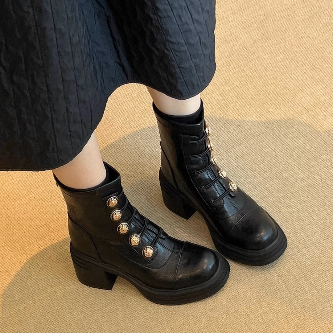 Women's Button Ankle Retro British Style High Stretch Skinny Women's Leather Boots