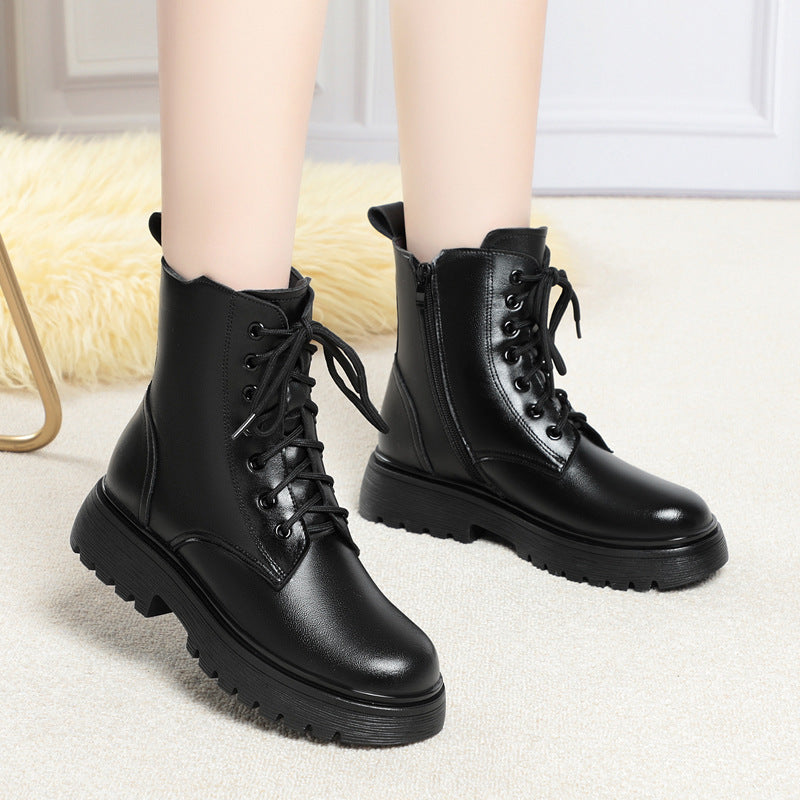 Women's Lined Padded Warm Keeping Northeast Fur Integrated Short Women's Leather Boots
