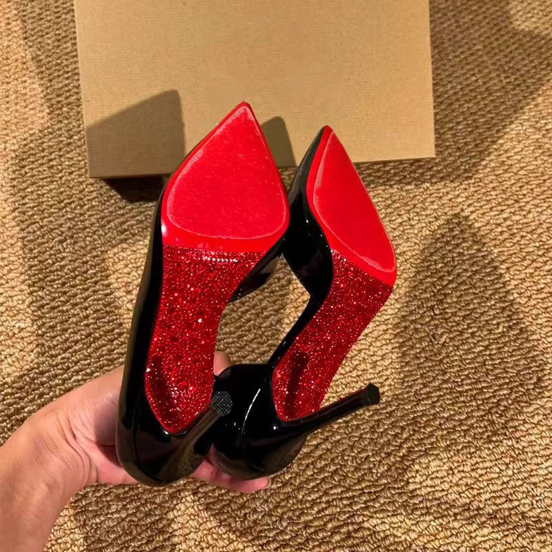 Women's High-heeled Black Side Empty Plus Size Red Bottom High-grade Pointed Women's Fashion Shoes