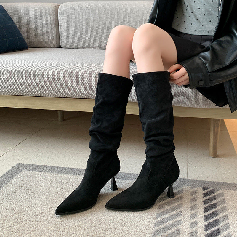 Women's Thick Leg Big Tube Circumference High Pointed Toe Pile Style Heels
