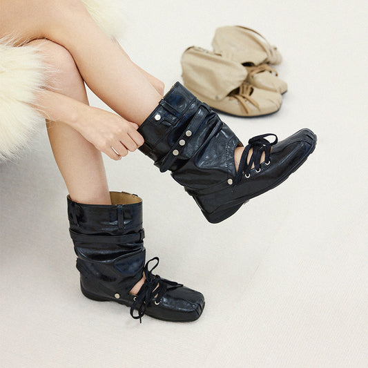 Women's Style Retro Square Toe Belt Buckle Detachable Two-way Thick Women's Leather Boots