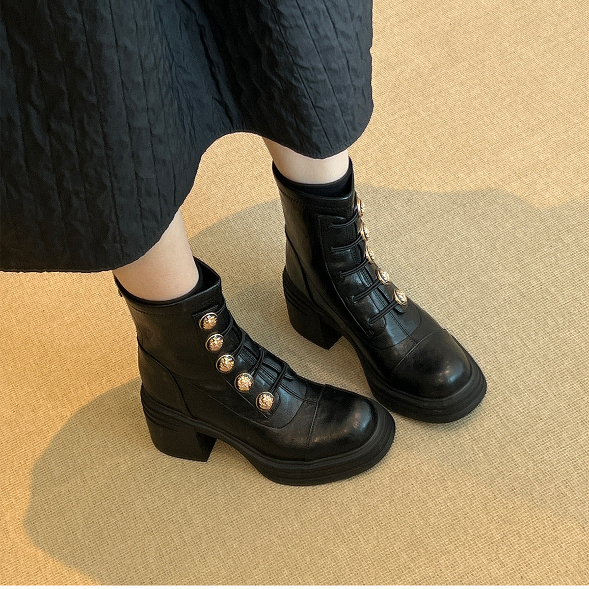 Women's Button Ankle Retro British Style High Stretch Skinny Women's Leather Boots