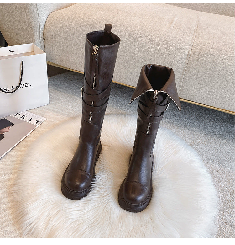Female Front Zip Platform Below The Knee Biker Fat High Women's Leather Boots