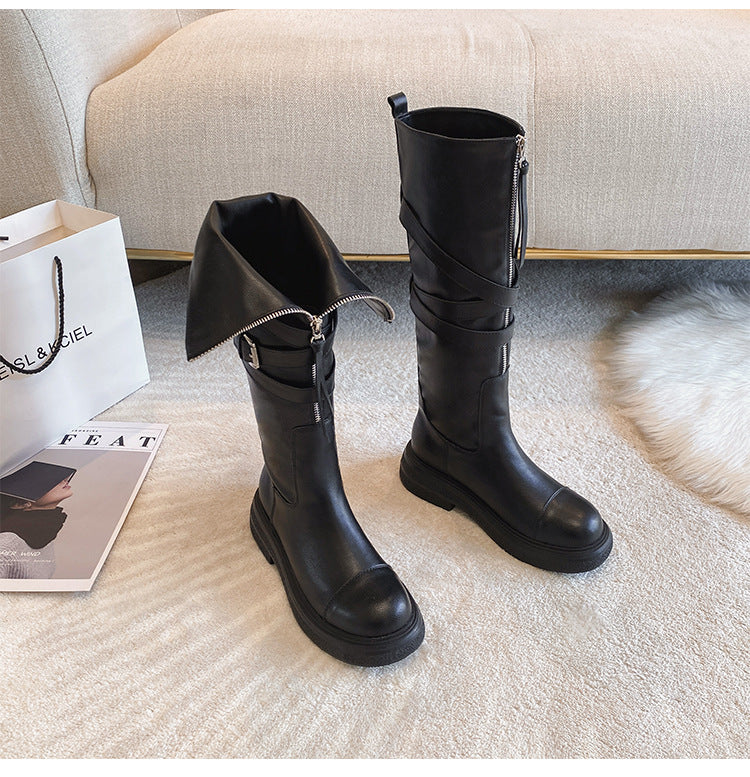Female Front Zip Platform Below The Knee Biker Fat High Women's Leather Boots