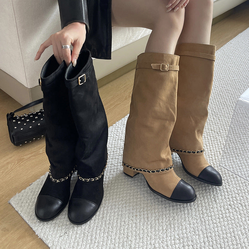 Chunky Knight Classic Style Round Toe High Leg Sleeve Women's Leather Boots