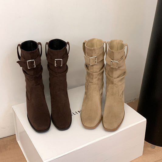 Women's Vintage Suede Chunky Middle Pile Style Short Western Heels