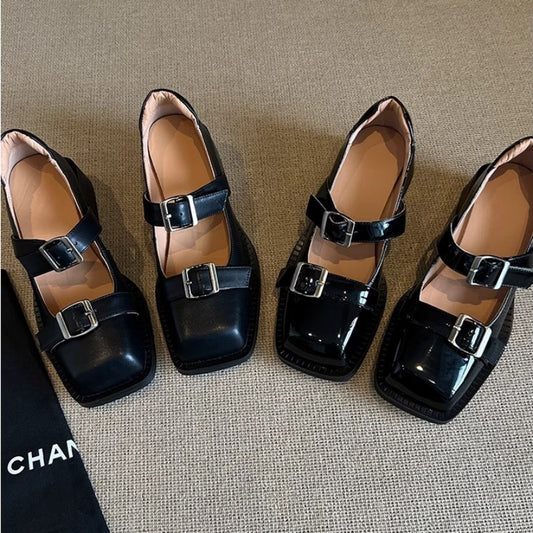 Women's Retro Belt Buckle Open Toe Roman Style Square Strap Versatile Heels