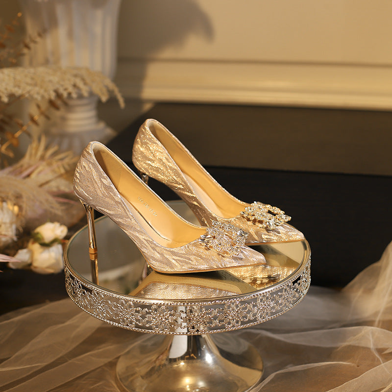 Square Buckle Bright Crystal Bridesmaid French Heels