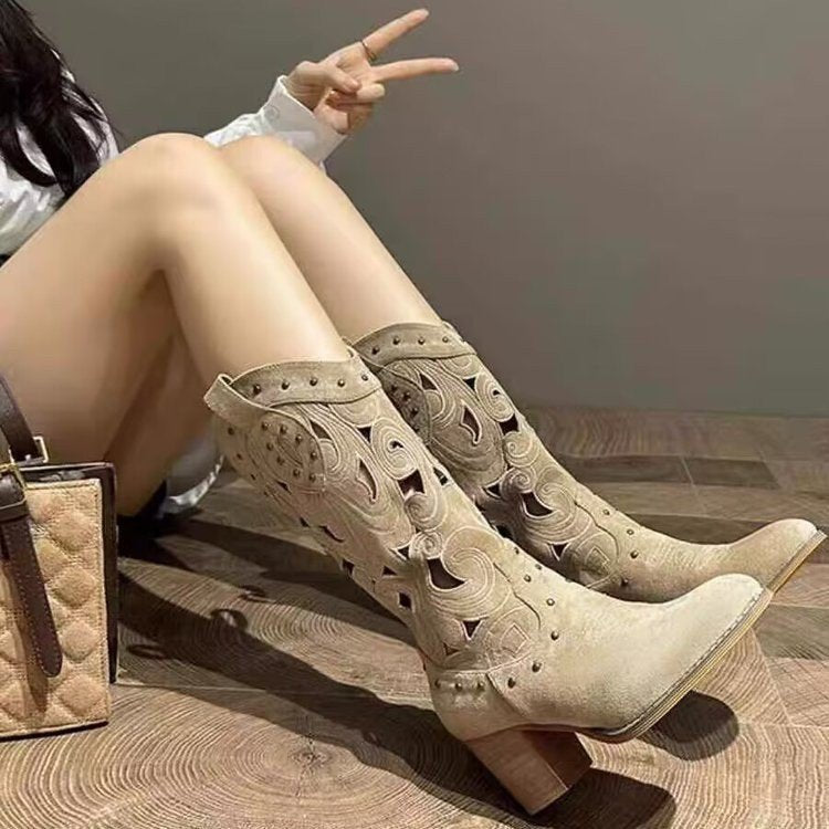 Women's Hollow Booties Rivet Retro Ethnic Style Thick Bottom Motorcycle Chunky Women's Leather Boots