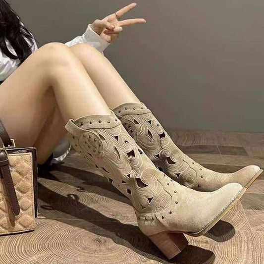 Women's Hollow Booties Rivet Retro Ethnic Style Thick Bottom Motorcycle Chunky Women's Leather Boots