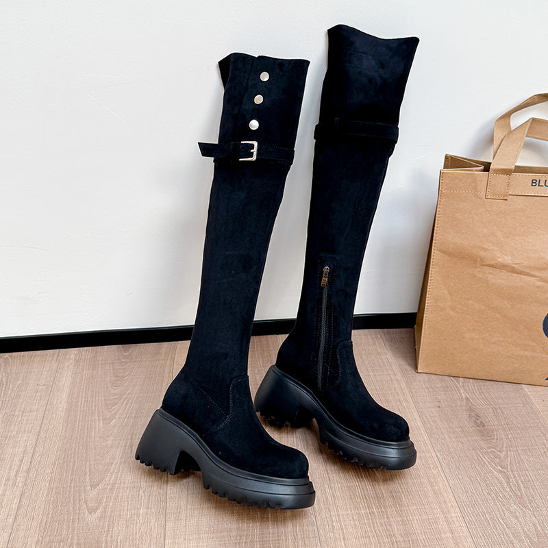 Women's Two-way Folding High Thick Bottom Big Tube Women's Leather Boots