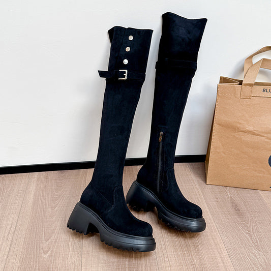 Women's Two-way Folding High Thick Bottom Big Tube Women's Leather Boots