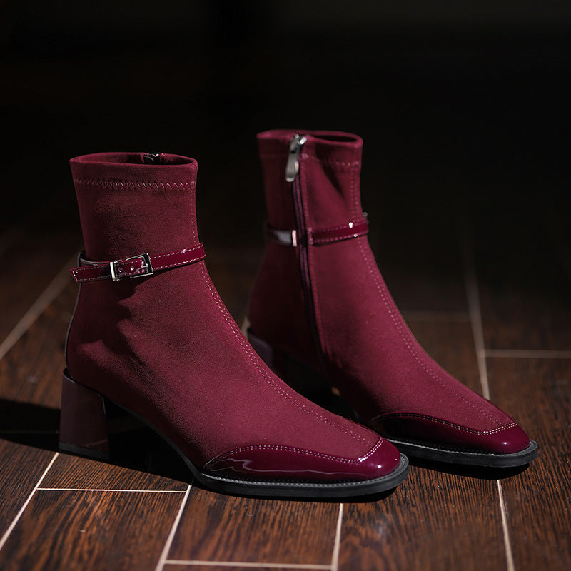 Women's Cashmere Stitching Square Toe Booties Chunky High Skinny Joker Women's Leather Boots