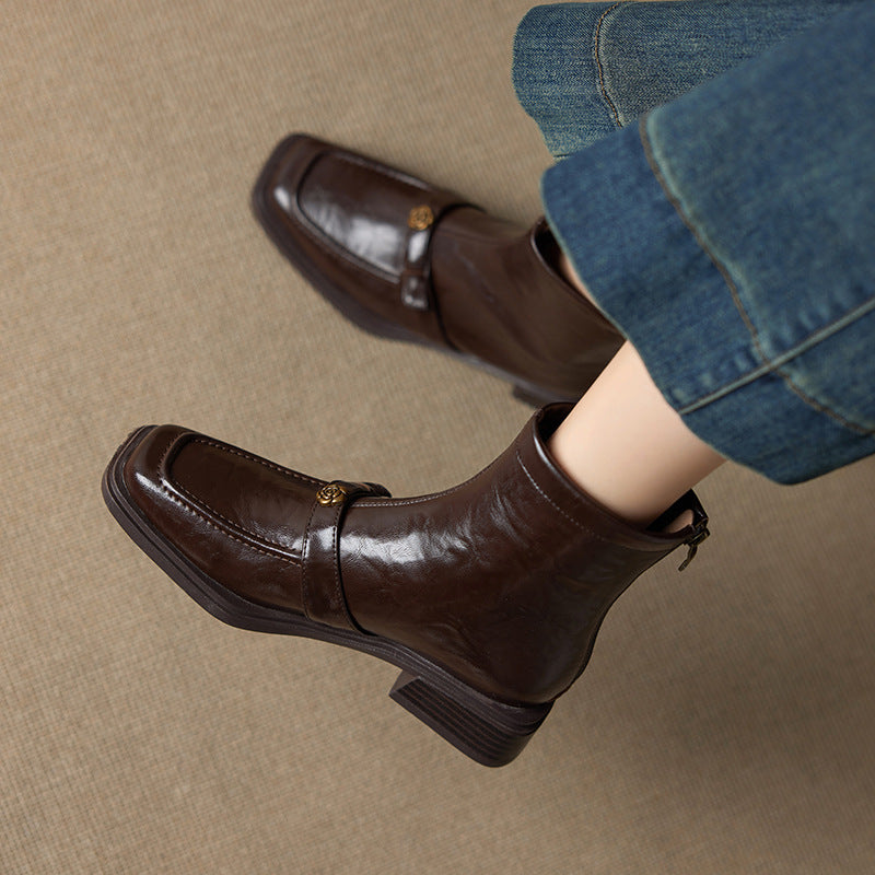 Women's Camellia Cowhide Mid Martin Black Chunky Women's Leather Boots
