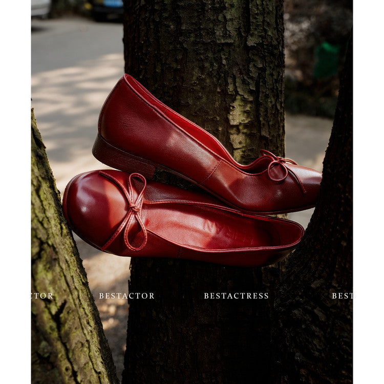 Women's Layer Cowhide Shallow Mouth Pumps Flat Women's Fashion Shoes