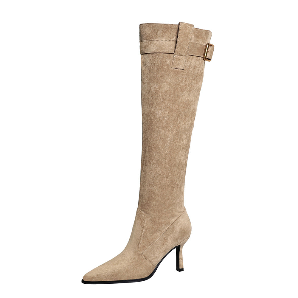 Pointed Toe Skinny Stilettos Long Female Pile Style Belt Women's Leather Boots