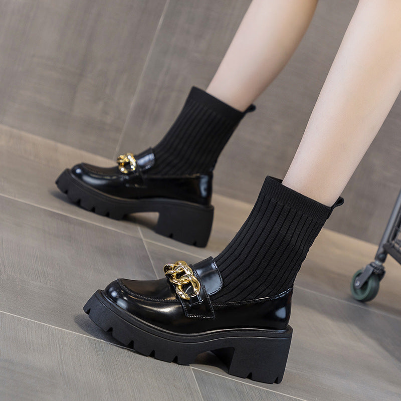 Women's Platform High Preppy Style Mary Jane Korean Chain British Leather Shoes
