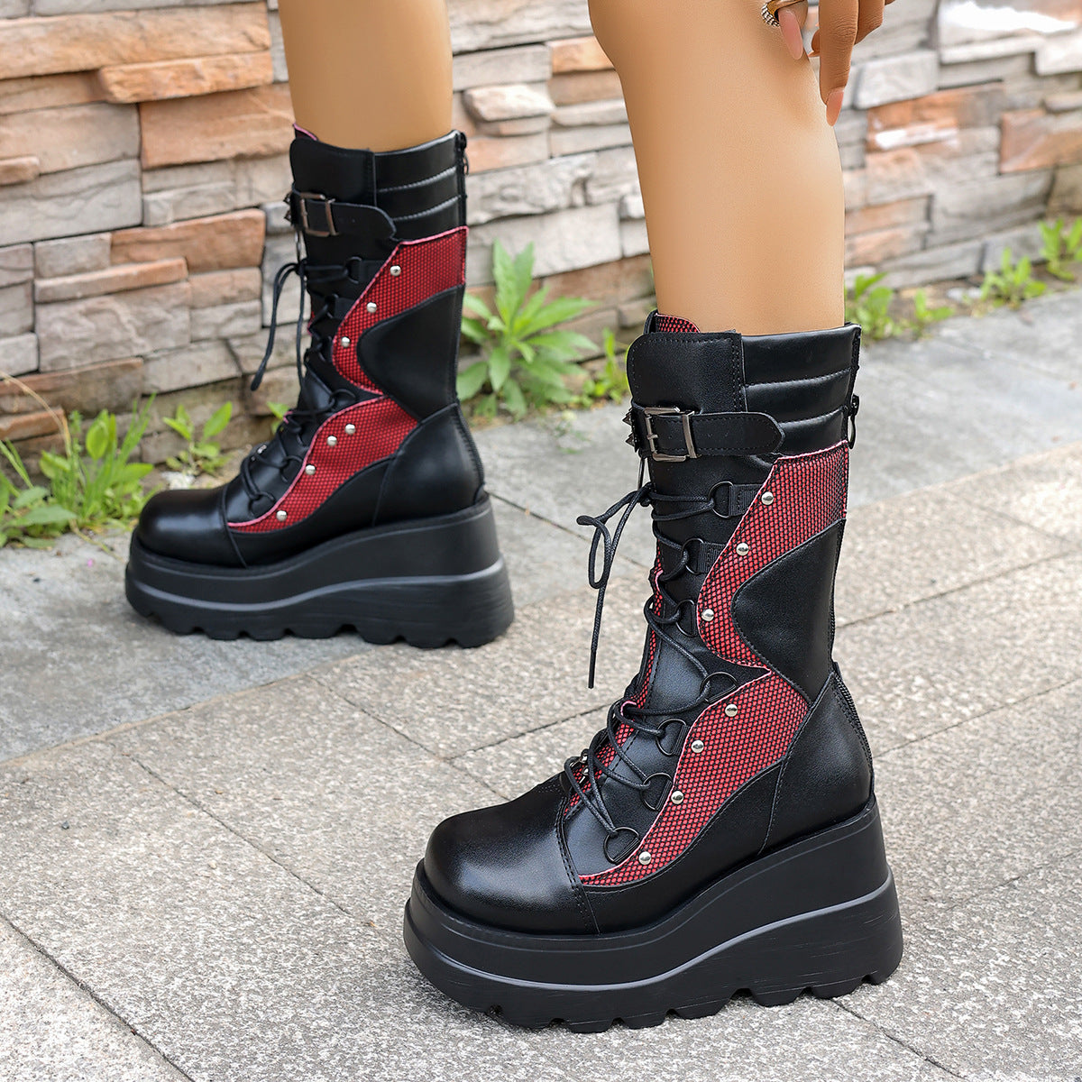 Buckle Strap Thick Bottom Gothic Wedge High Female Women's Leather Boots