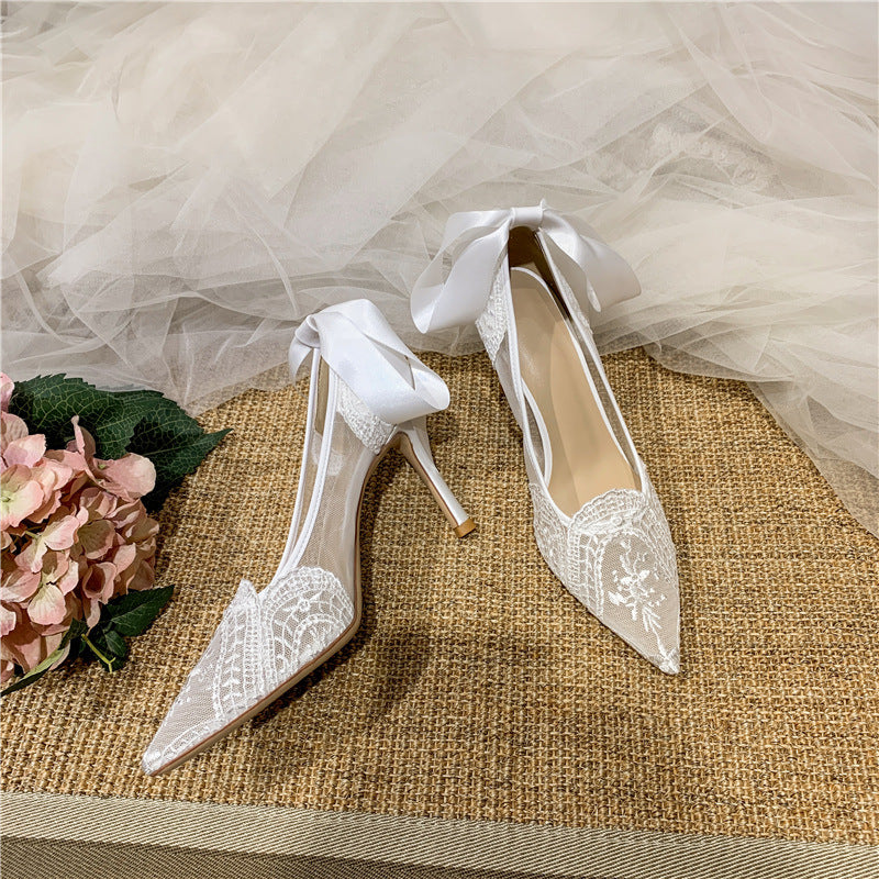 Women's Lace Bridesmaid White Pointed High Stiletto Design Sense Women's Fashion Shoes