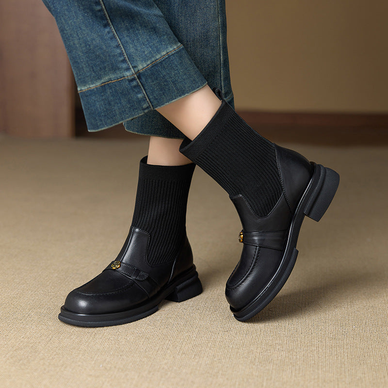 Women's British Style Skinny Knitted Elastic Socks Women's Leather Boots