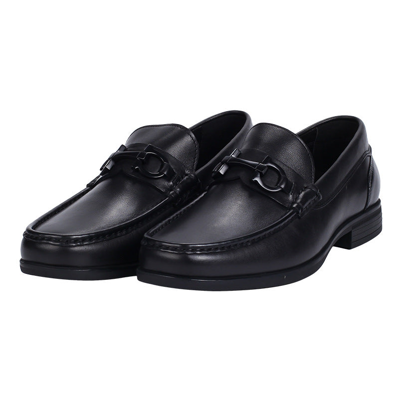 Men's Black Authentic Plain Design Cowhide Round Heels