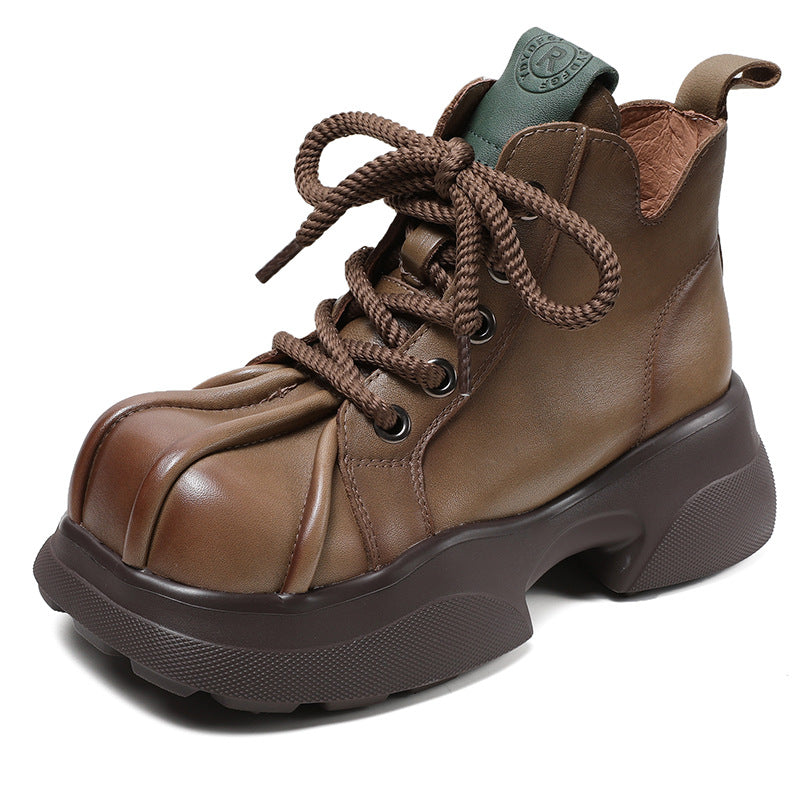 Women's Muffin Bottom High Top Ankle Fashionable First Layer Cowhide Square Men's Shoes
