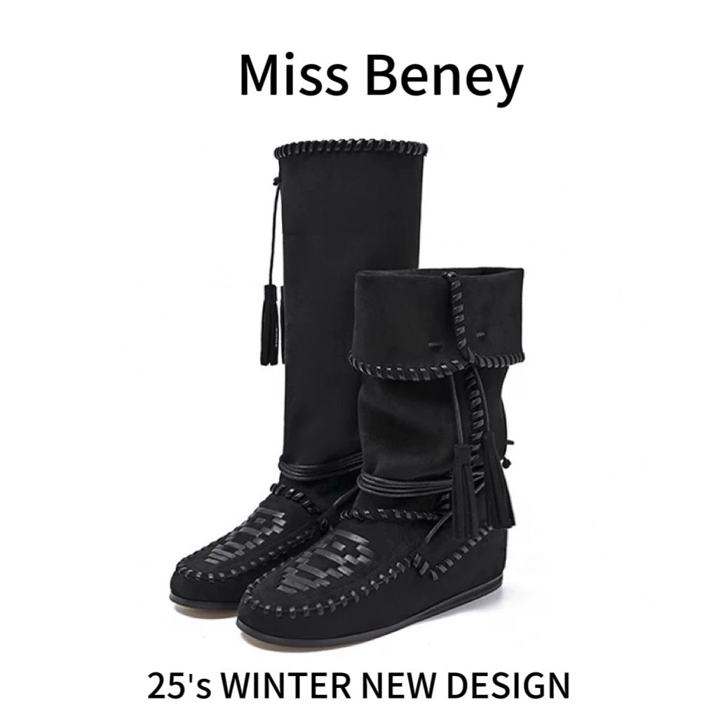 Style Slimming Tied Height Increasing Insole Retro Tassel Western Foldable Boots