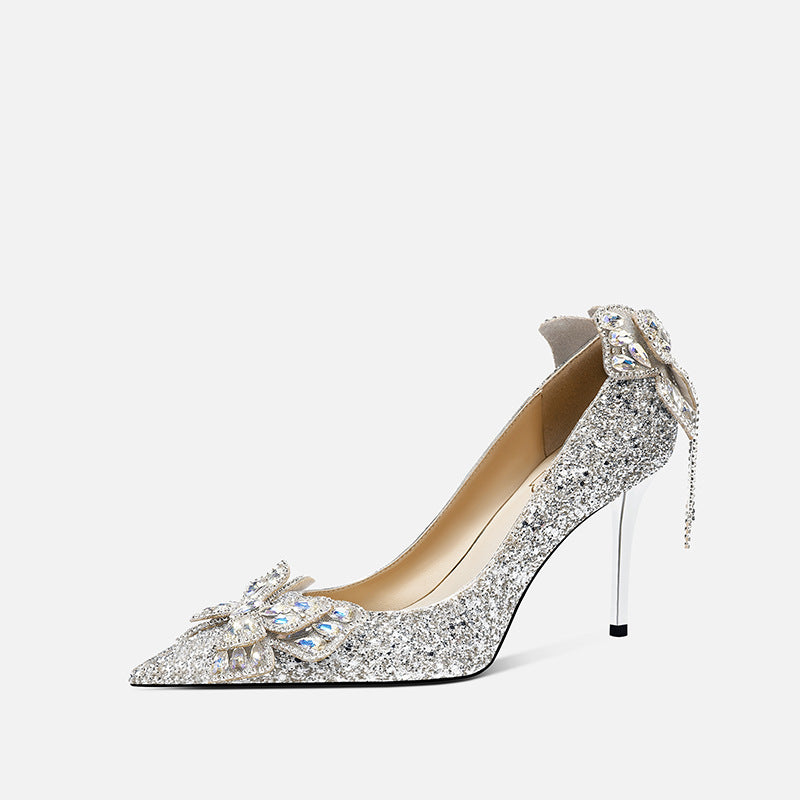 Bridal Pointed Toe Design Sequined Tassel Butterfly Shallow Heels