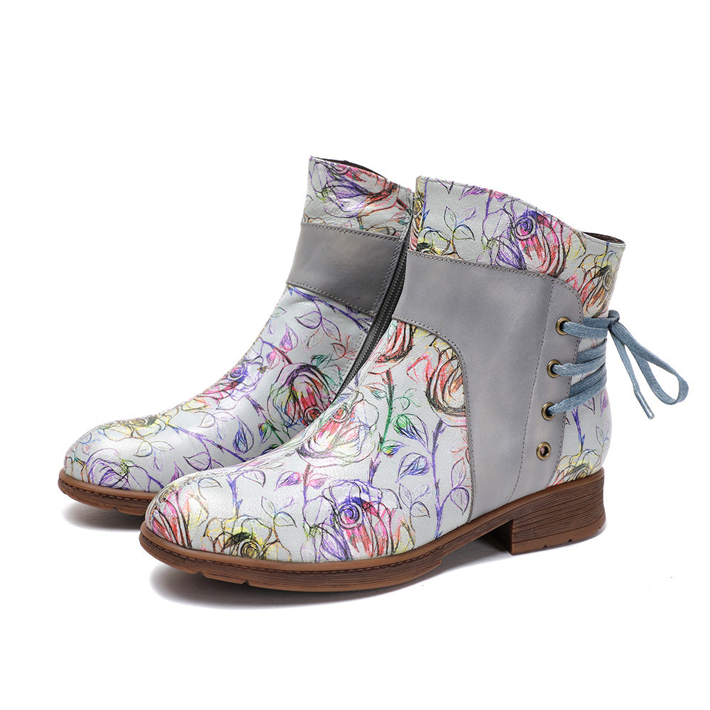 Blue Meng Die Sheepskin Cowhide Rose Hand-rub Color Women's Leather Boots