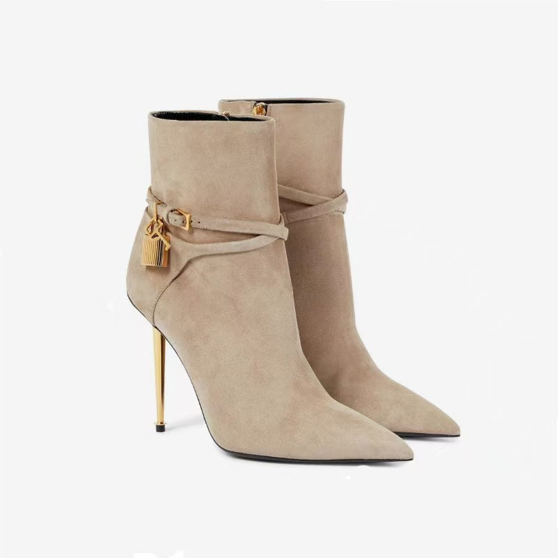 Metal Texture Stiletto Lock Slim Fit Women's Leather Boots