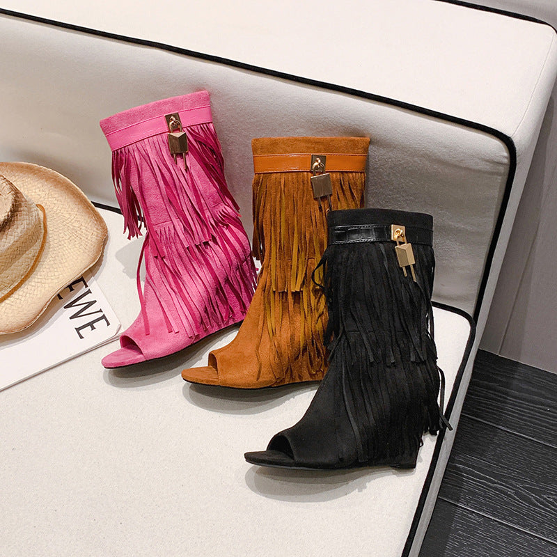 Women's Tassel Handmade Retro Booties Wedge Hidden Knight Sweet Cool Hot Women's Leather Boots