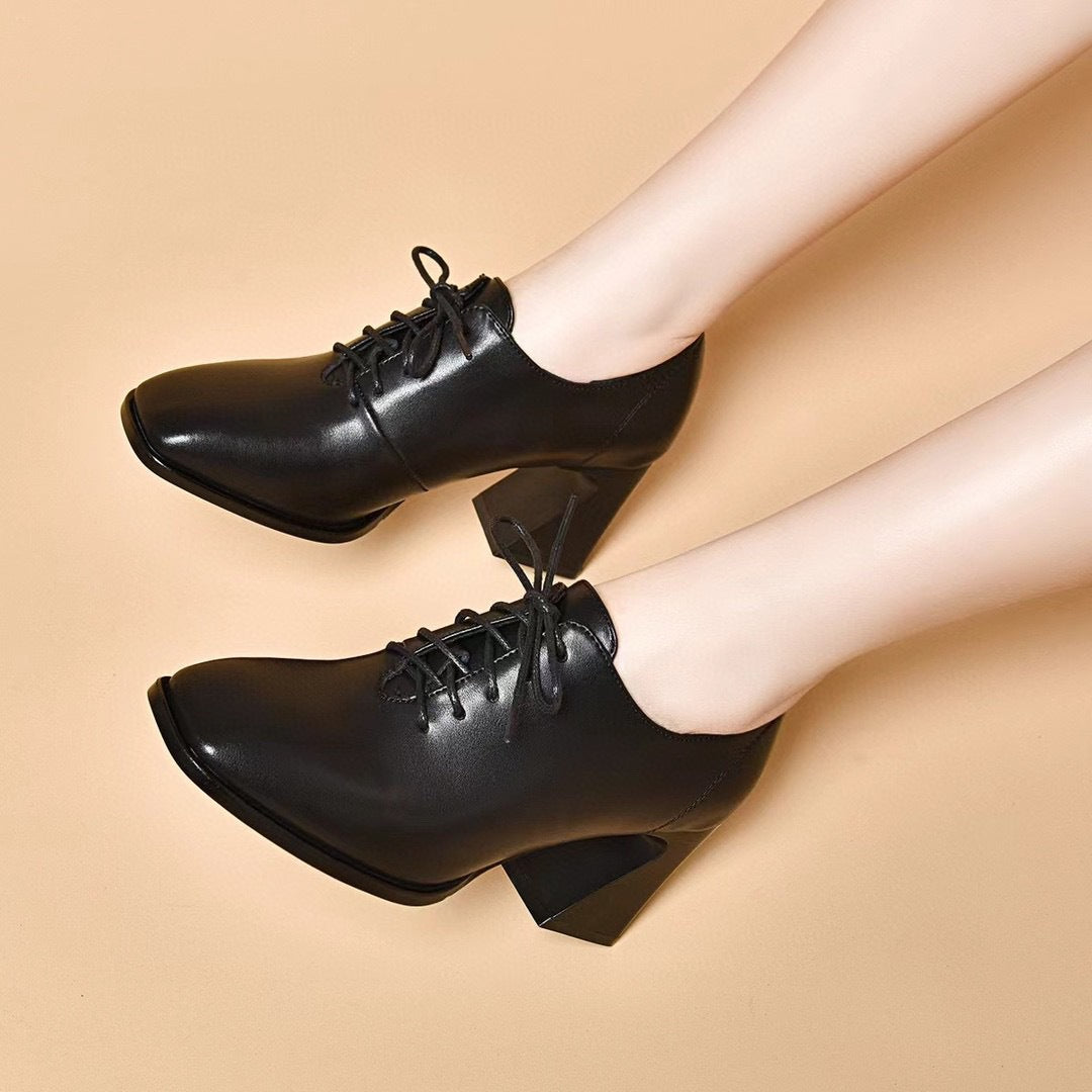 Women's French Style Temperament Square Toe Laces Chunky High Deep Mouth Women's Fashion Shoes